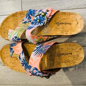 BareTraps sandal has a toe loop, natural cork footbed & metal buckle